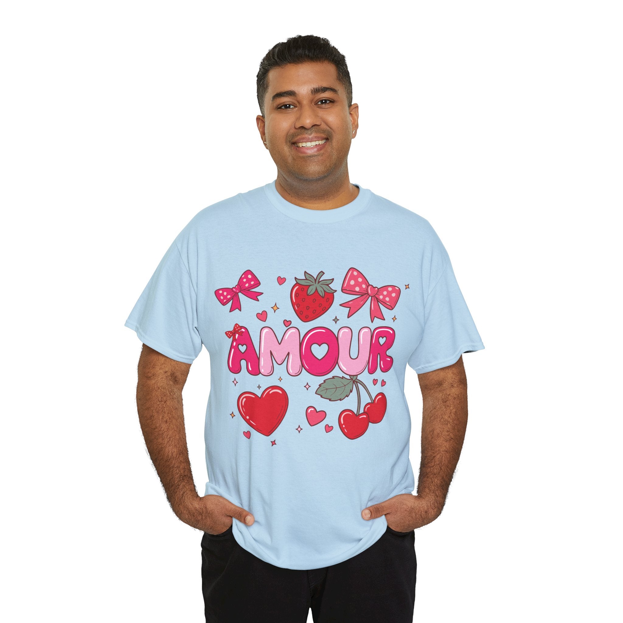 Amour Pink Hearts Tee — Shiny Lettering with Bows, Cherries & Strawberry Accent...Unisex Cotton Tee