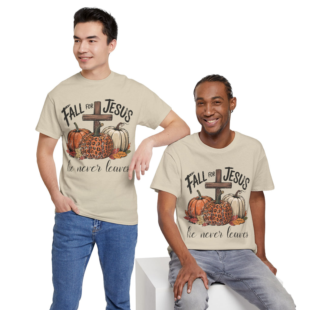 Fall for Jesus Pumpkin Cross Tee — "He Never Leaves" Autumn Christian Unisex Cotton T-Shirt