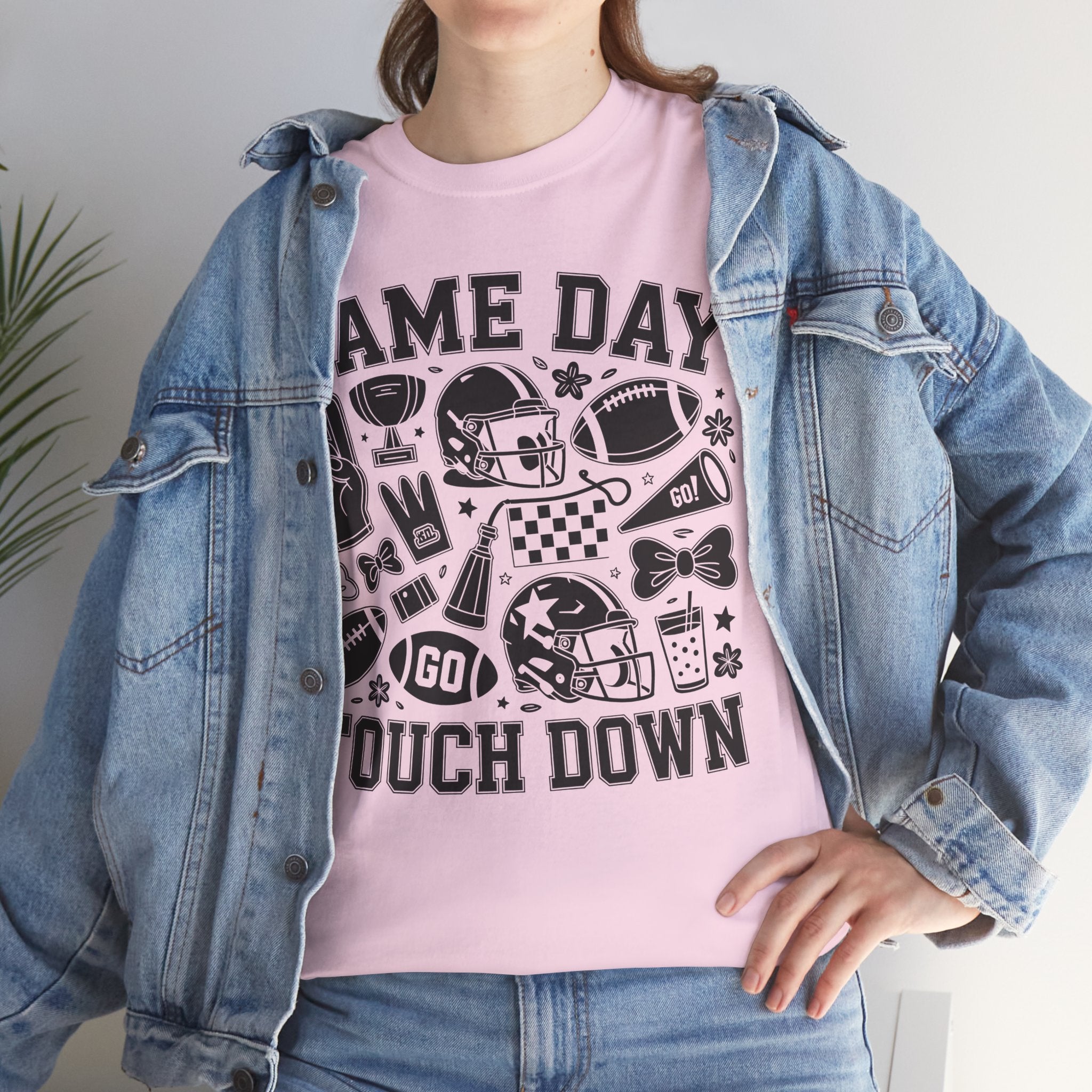 Game Day Touch Down Football T‑Shirt — Helmet & Cheer Monochrome Design Unisex Cotton Tee