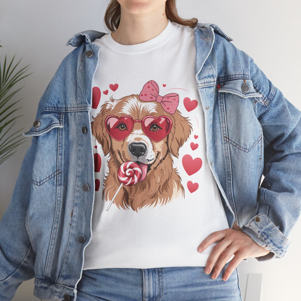 Valentine Dog T-Shirt — Cute Pup with Heart Glasses, Pink Bow & Lollipop..Unisex Cotton Tee