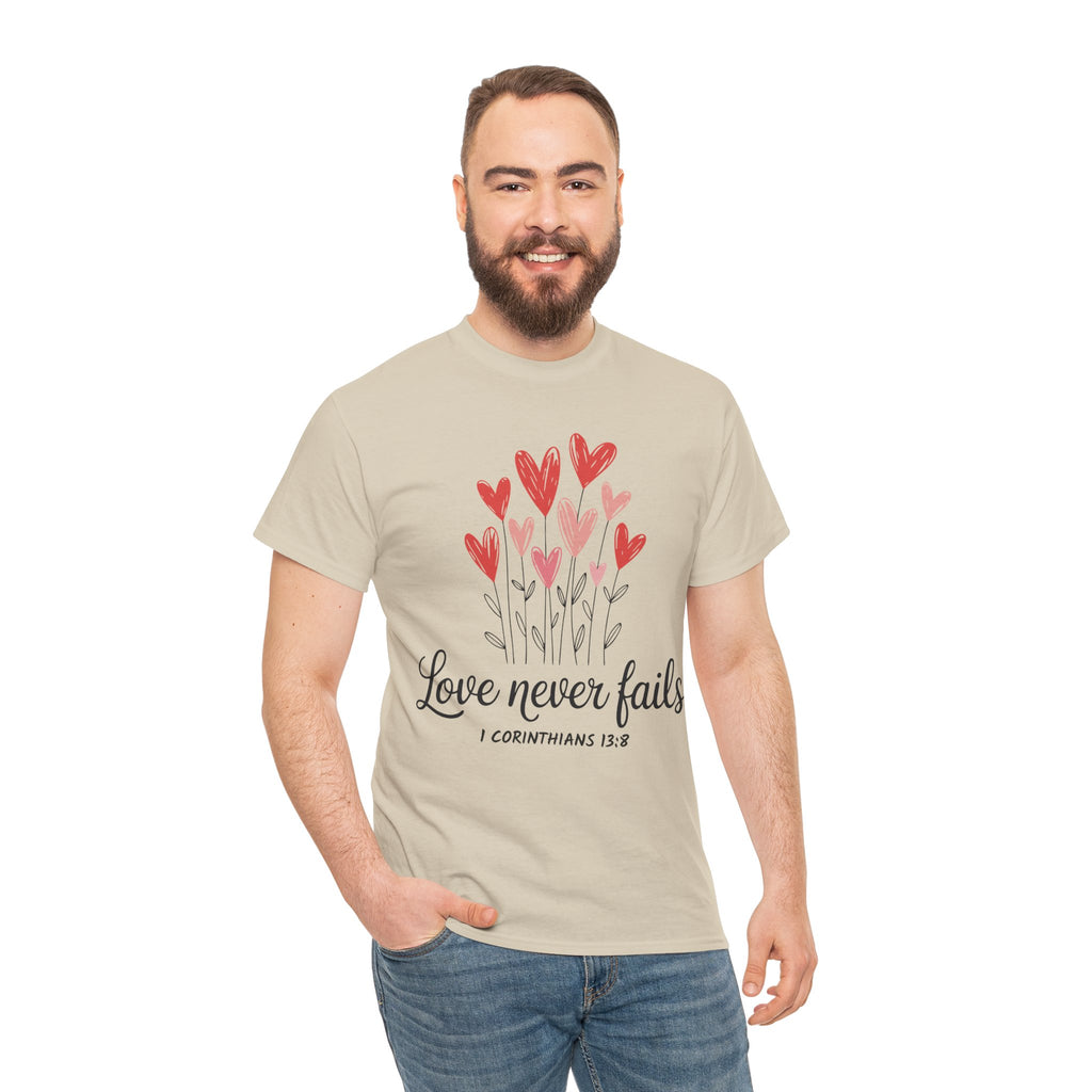 Christian Valentine T-Shirt — "Love Never Fails" (1 Corinthians 13:8) Unisex Cotton Tee