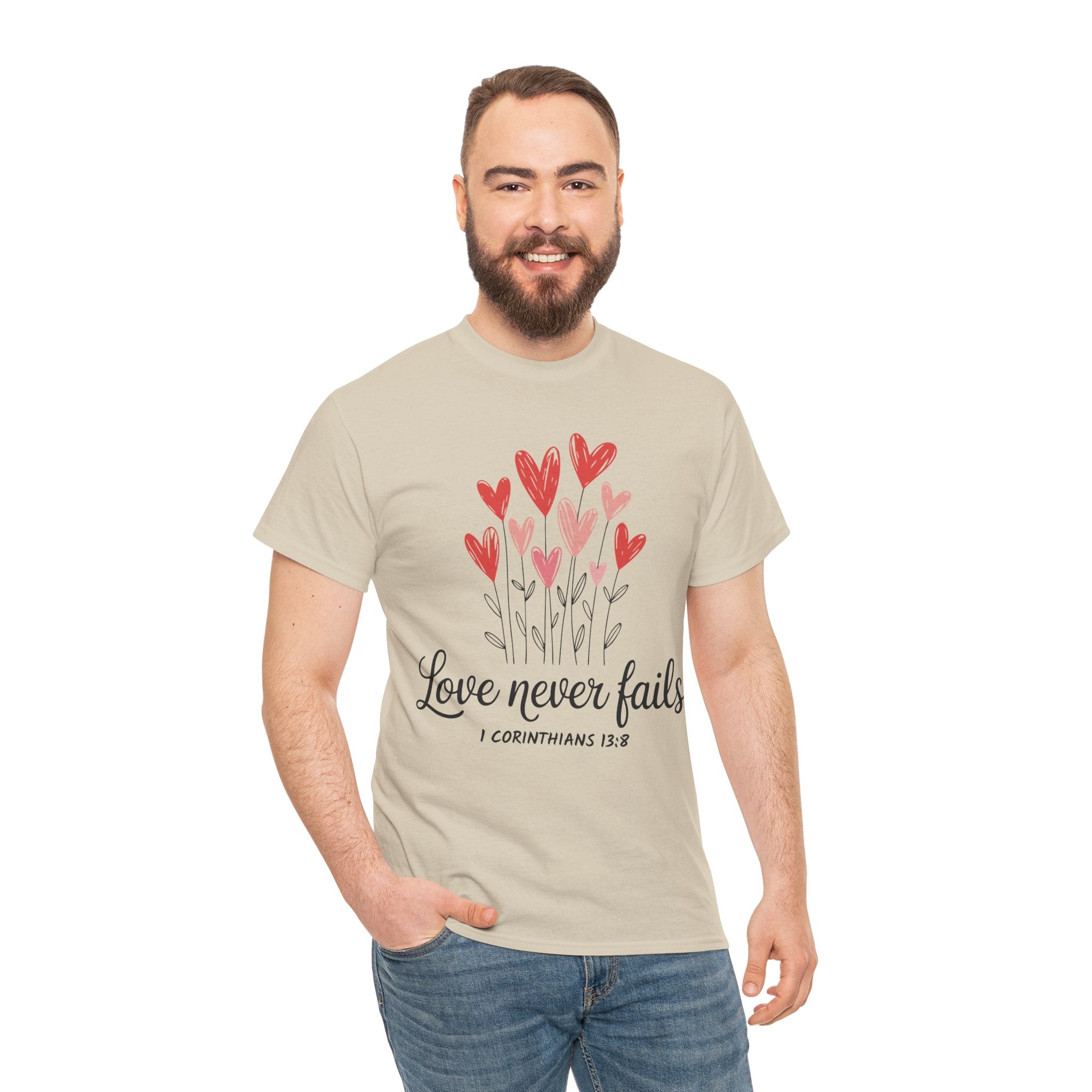 Christian Valentine T-Shirt — "Love Never Fails" (1 Corinthians 13:8) Unisex Cotton Tee