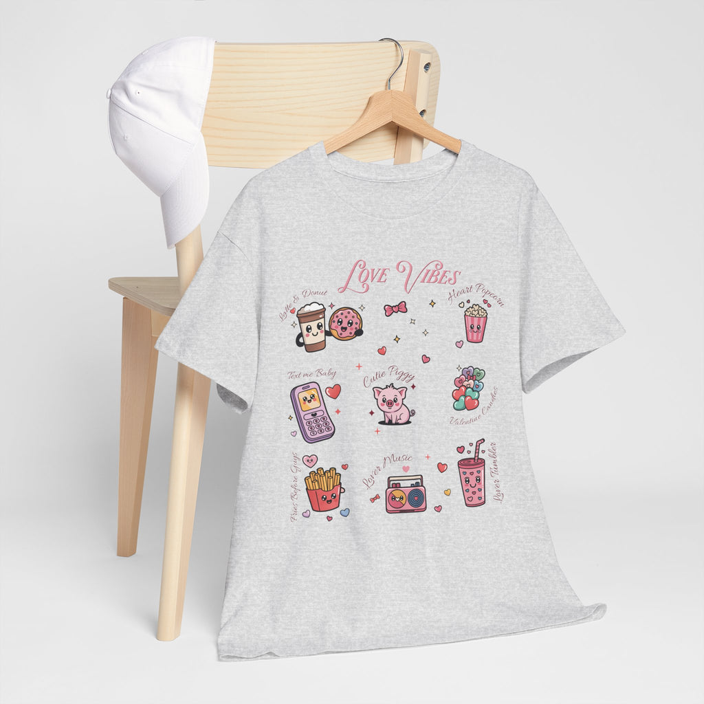 Love Vibes Kawaii Valentine T-Shirt — Cute Donut, Coffee & Piglet Design Unisex Cotton Tee