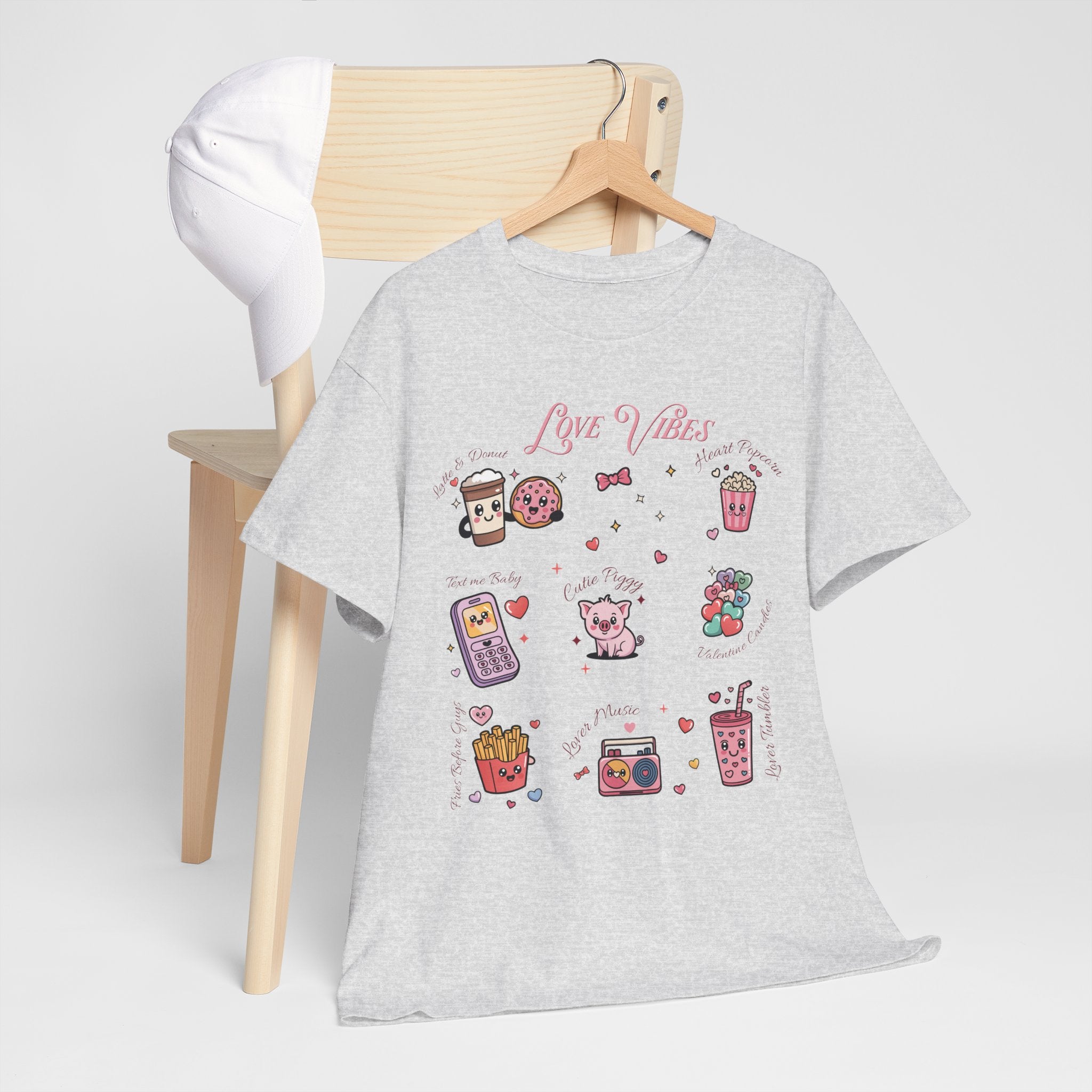 Love Vibes Kawaii Valentine T-Shirt — Cute Donut, Coffee & Piglet Design Unisex Cotton Tee