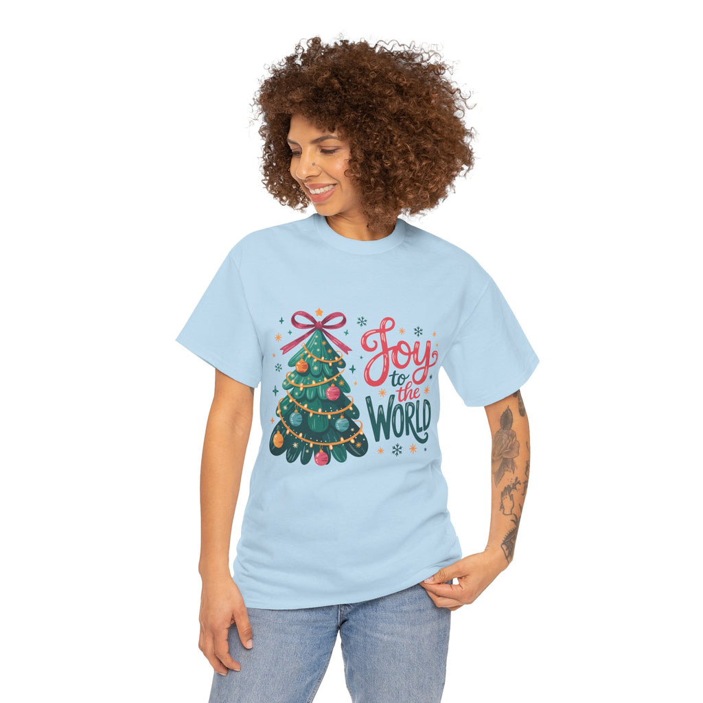 Joy to the World Christmas Tee — Festive Tree with Pink Bow..Unisex Cotton Tee