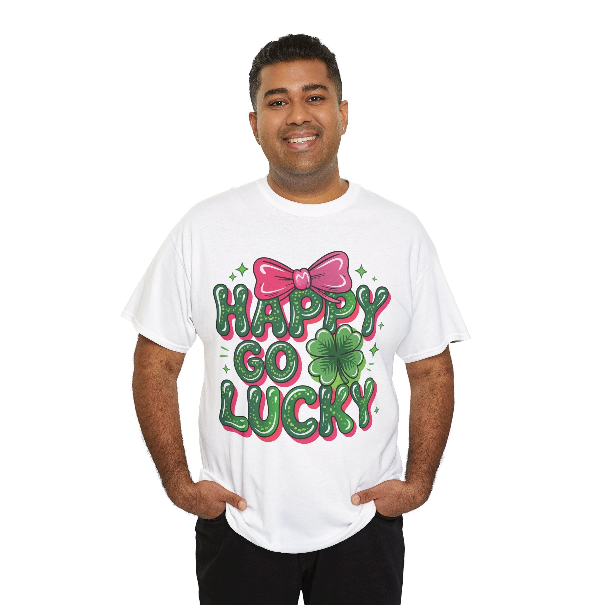 Happy Go Lucky Four-Leaf Clover Tee — Glossy Green Letters & Pink Bow Unisex Cotton Tee