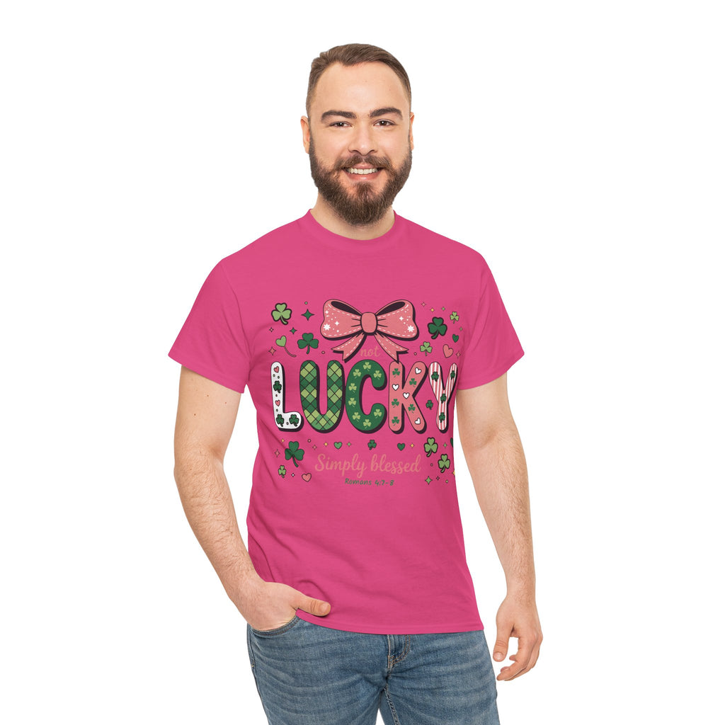 Simply Blessed Tee — “Not Lucky, Simply Blessed” with Pastel Bow, Clovers & Romans 4:7-8 Unisex Cotton Tee