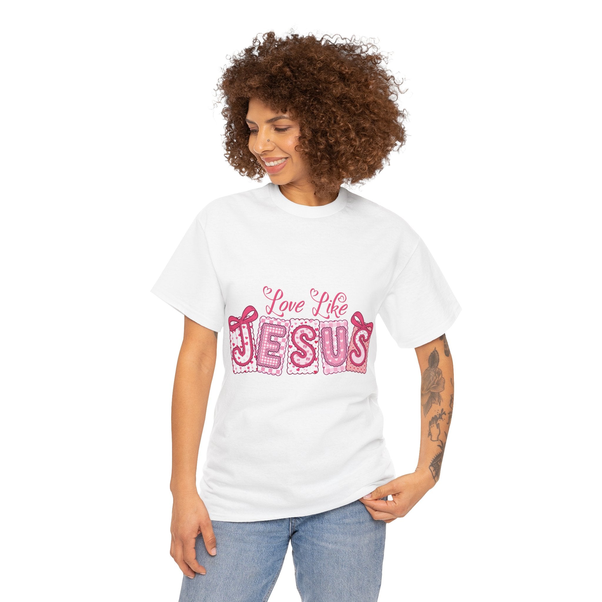 Love Like Jesus Patchwork Tee — Pink Stitched Heart Graphic.Unisex Cotton Tee