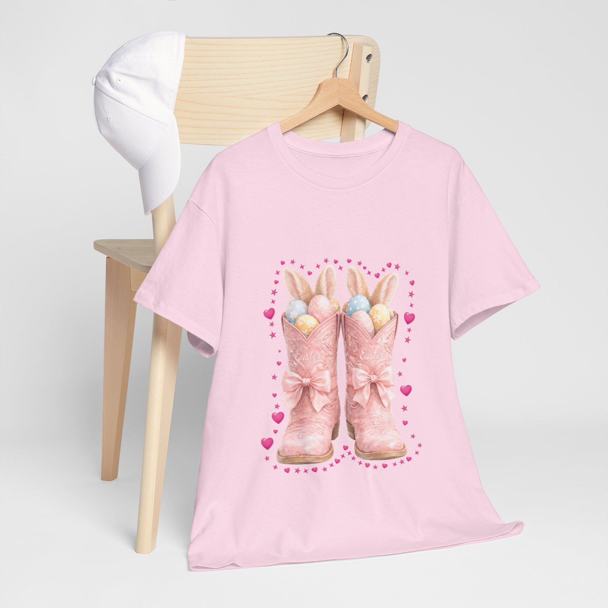 Easter Pink Western Boots Tee — Pastel Bunny Eggs & Bows Unisex Cotton Tee