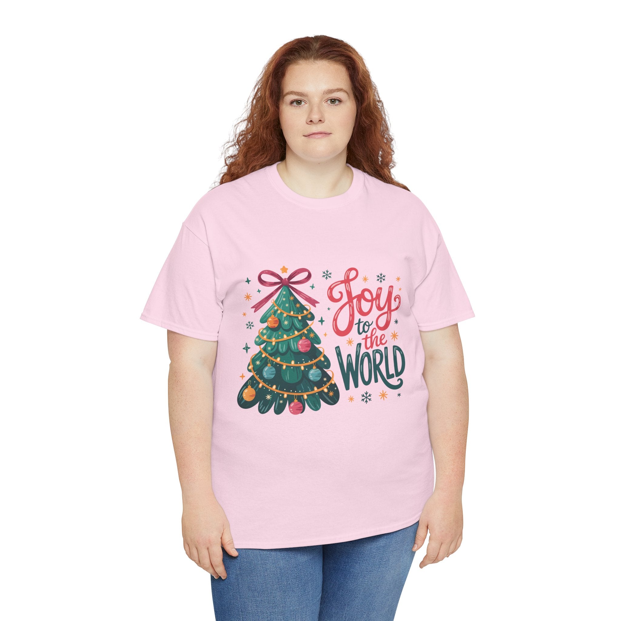 Joy to the World Christmas Tee — Festive Tree with Pink Bow..Unisex Cotton Tee