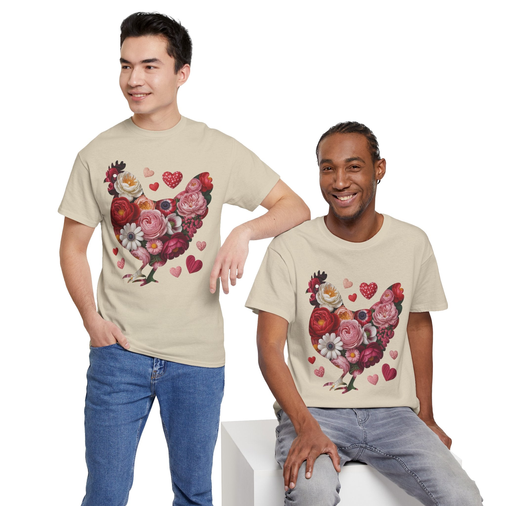 Floral Chicken Heart Tee — Red & Pink Flower Silhouette Unisex Cotton Tee