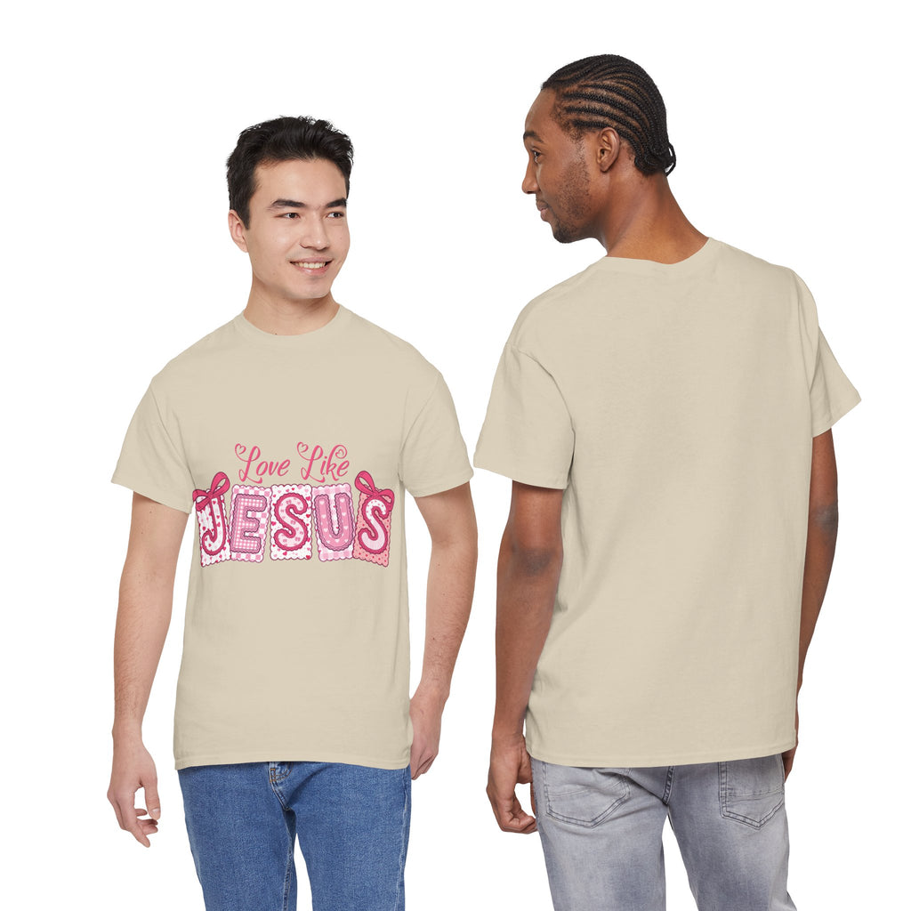 Love Like Jesus Patchwork Tee — Pink Stitched Heart Graphic.Unisex Cotton Tee