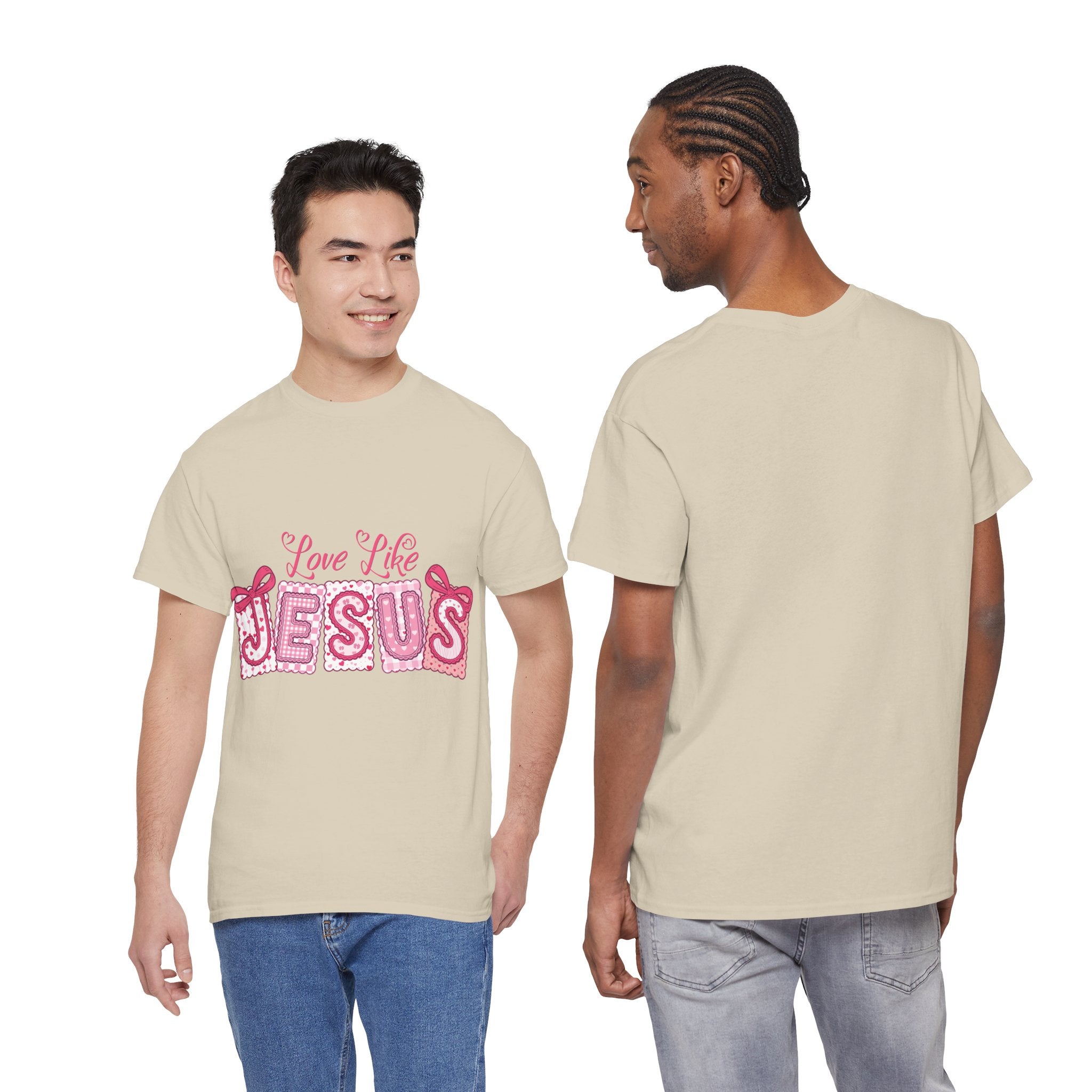 Love Like Jesus Patchwork Tee — Pink Stitched Heart Graphic.Unisex Cotton Tee