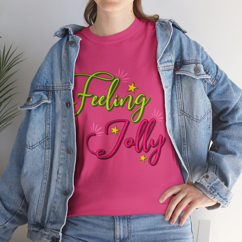 Feeling Jolly Tee — Festive Green & Pink Script with Yellow Stars Unisex Cotton Tee