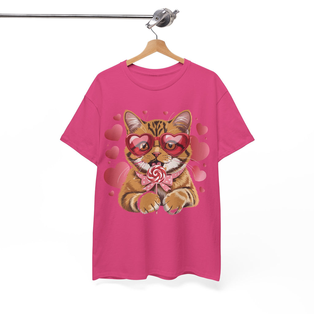Valentine Cat Tee — Heart Glasses, Lollipop Bow Unisex Cotton Tee