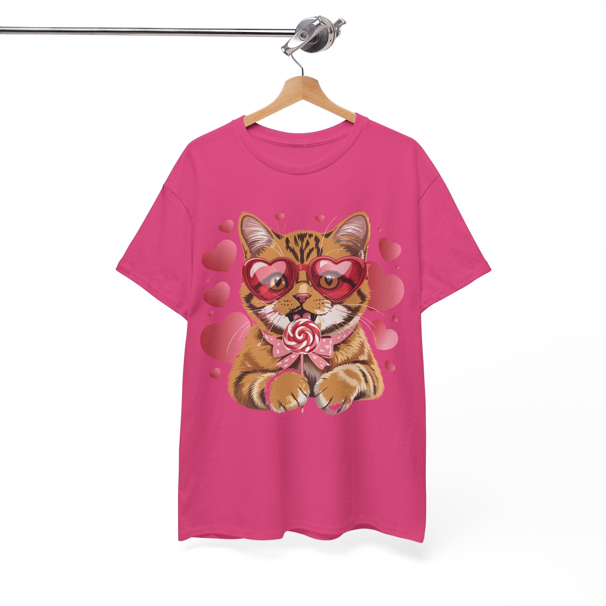 Valentine Cat Tee — Heart Glasses, Lollipop Bow Unisex Cotton Tee