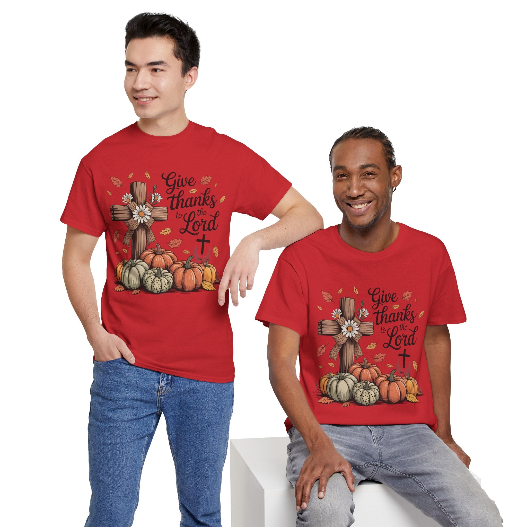Give Thanks to the Lord Autumn Tee — Wooden Cross, Pumpkins & Daisies..Unisex Cotton Tee