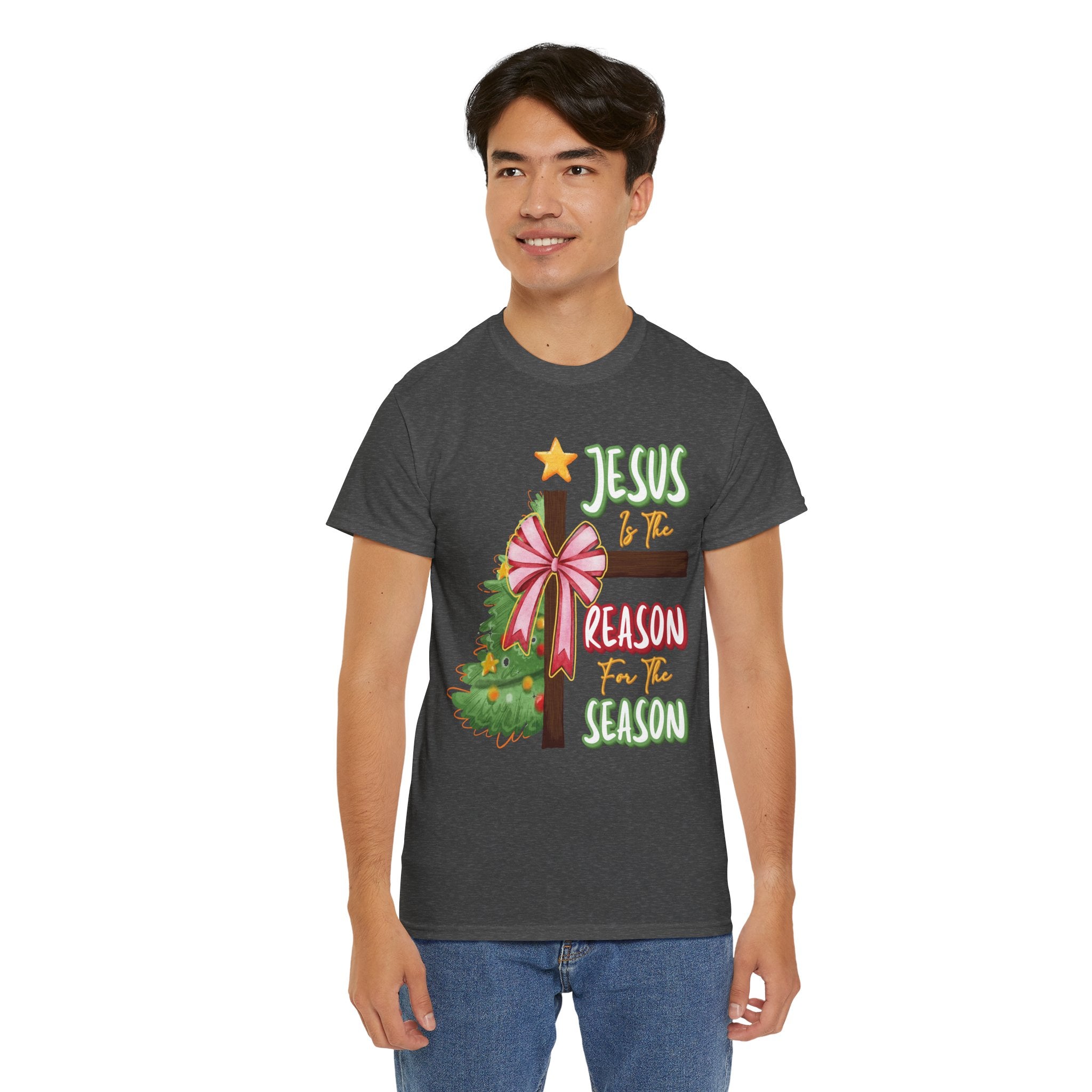 Jesus Is the Reason for the Season Christmas Tee — Cross with Pink Bow & Tree. Unisex Cotton Tee
