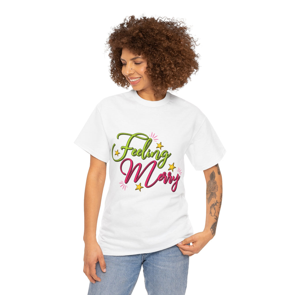 Feeling Merry T-Shirt — Bright Green & Pink Holiday Tee with Stars.Unisex Cotton Tee