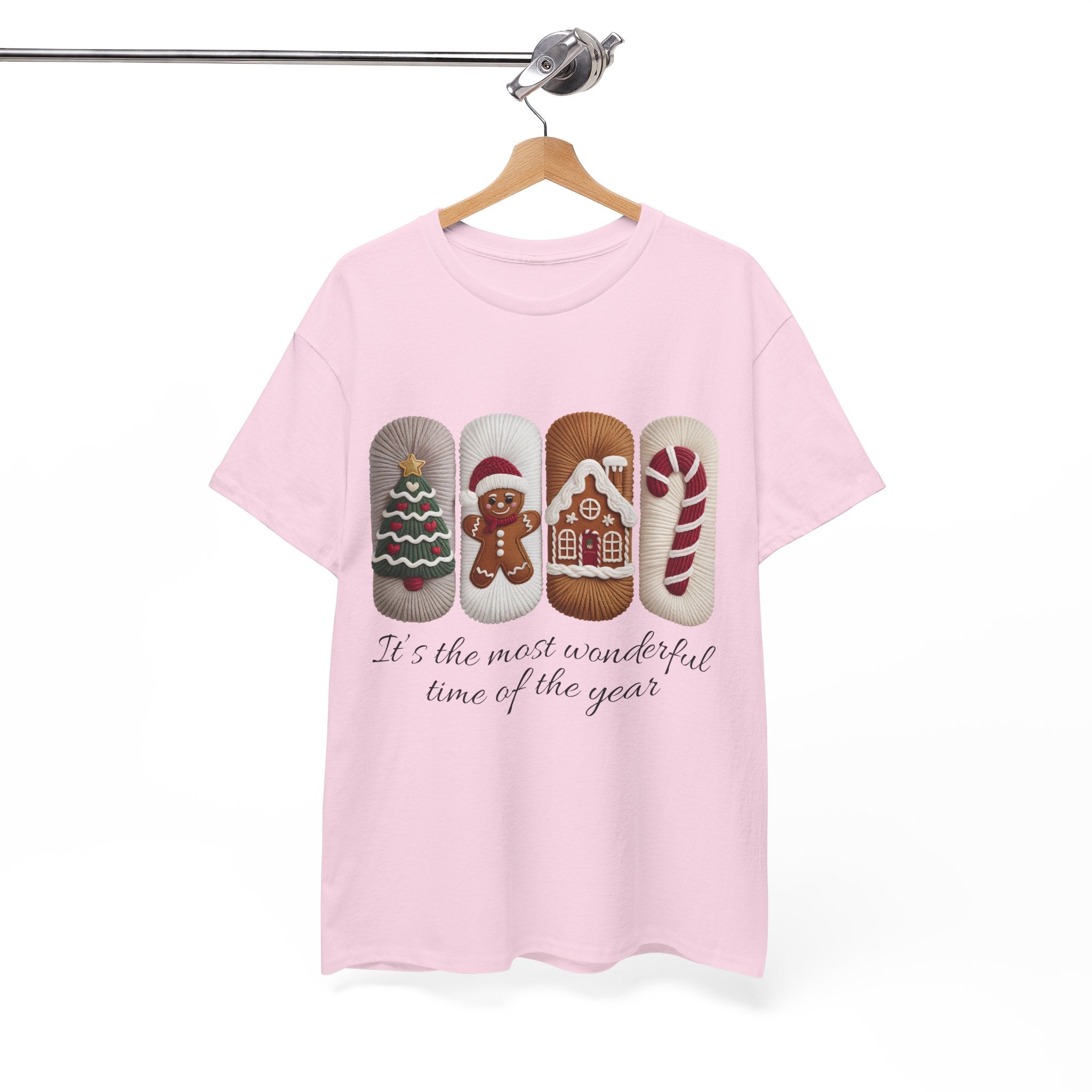 Christmas Faux-Yarn Tree Tee — Gingerbread House & Candy Cane Holiday Unisex Cotton T-Shirt