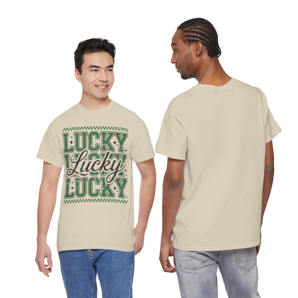 Lucky Varsity Tee — Layered Green ‘Lucky’ Graphic Unisex Cotton Tee