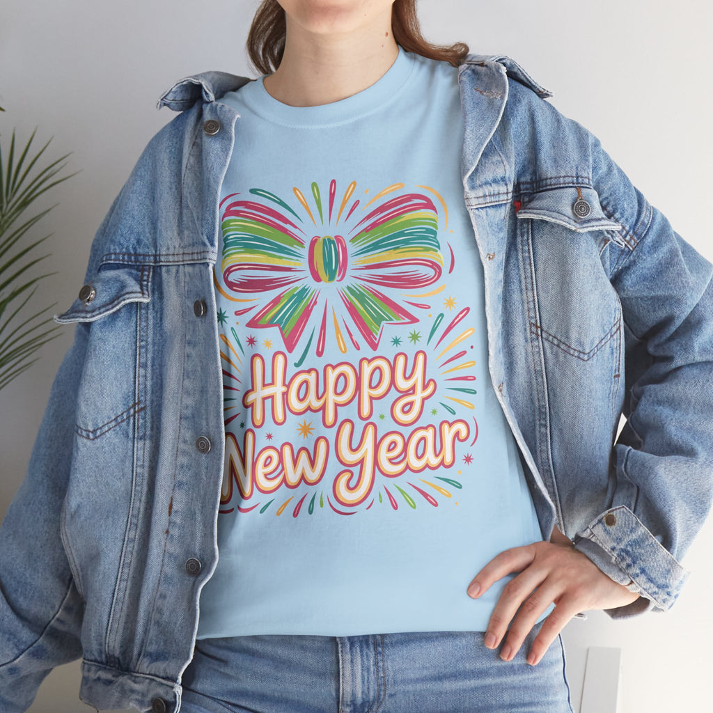 Happy New Year Pastel Tee — Rainbow Bow & Fireworks Celebration Unisex Cotton Tshirt