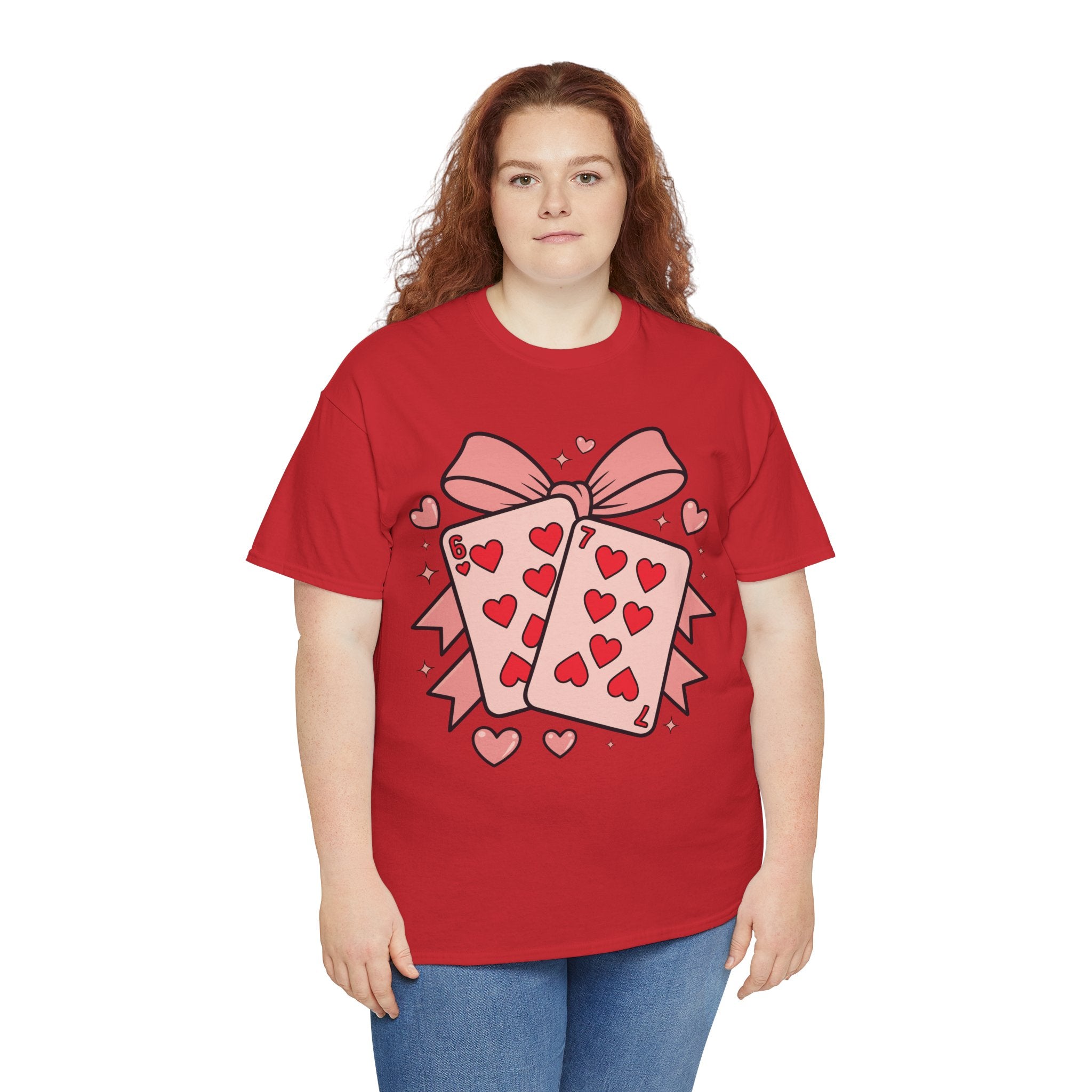 6 & 7 of Hearts T-Shirt — Paired Playing Cards with Pink Bow Unisex Cotton Tee