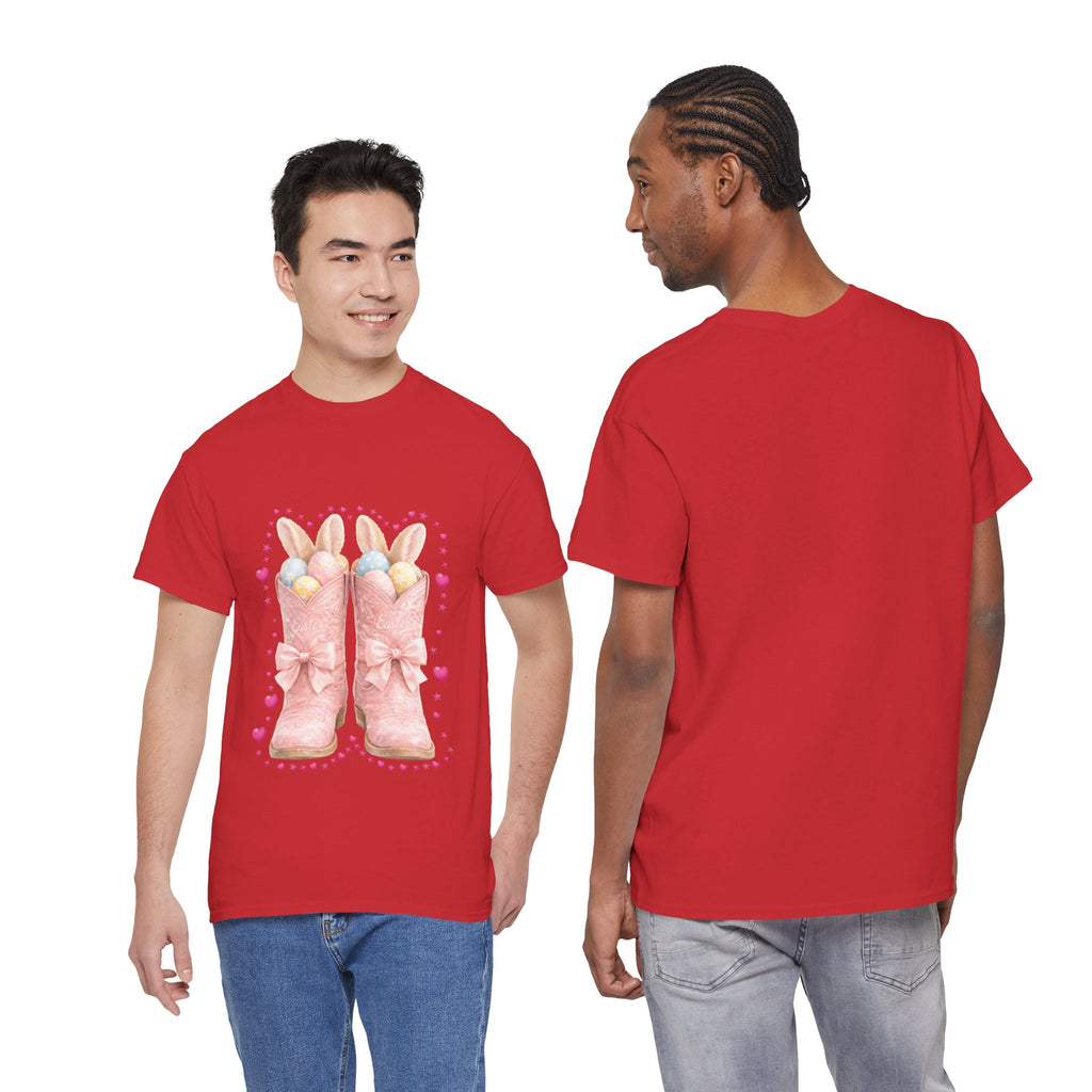 Easter Pink Western Boots Tee — Pastel Bunny Eggs & Bows Unisex Cotton Tee
