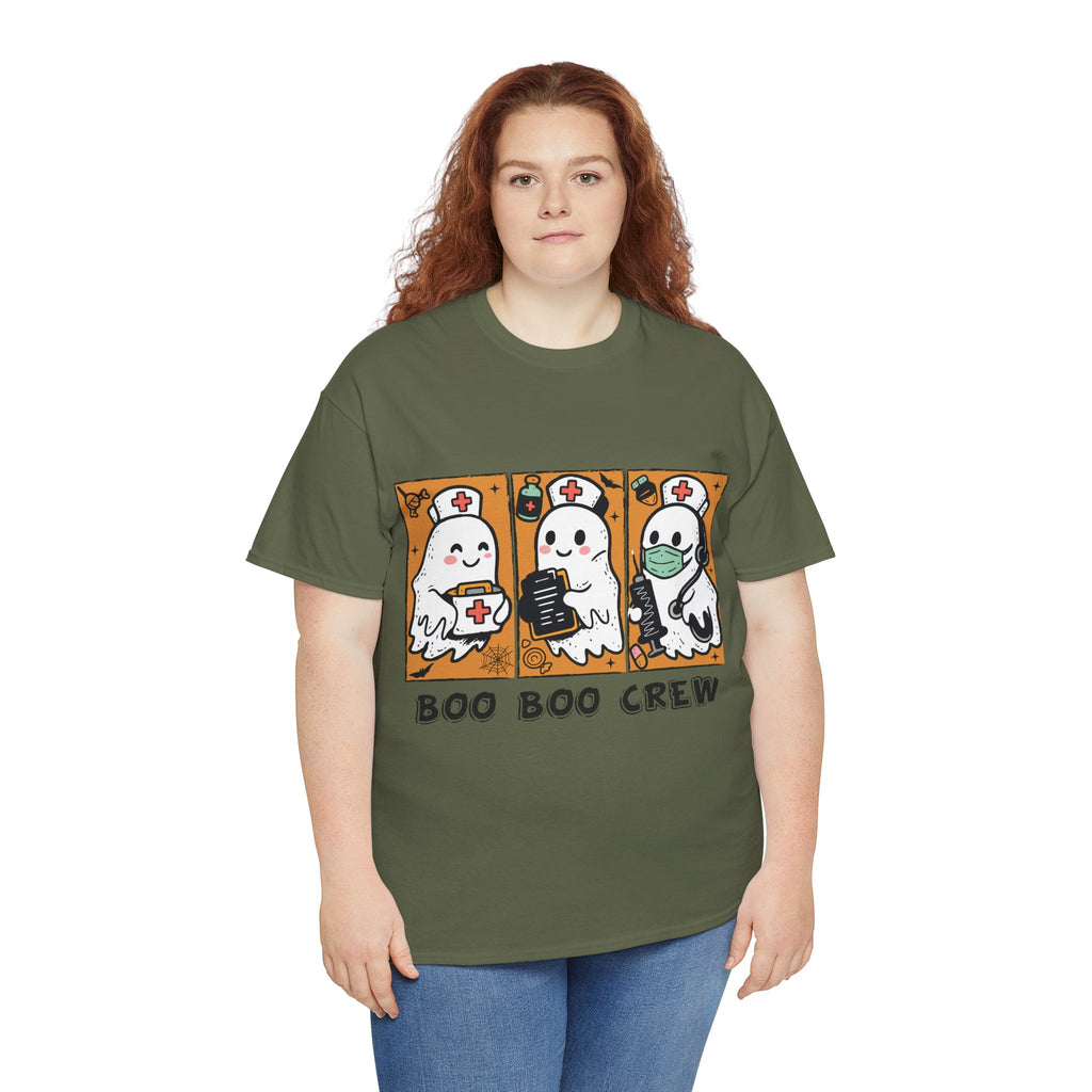 Halloween Nurse T-Shirt — Ghost Nurses Holding Medical Tools on Orange Unisec Cotton Tee