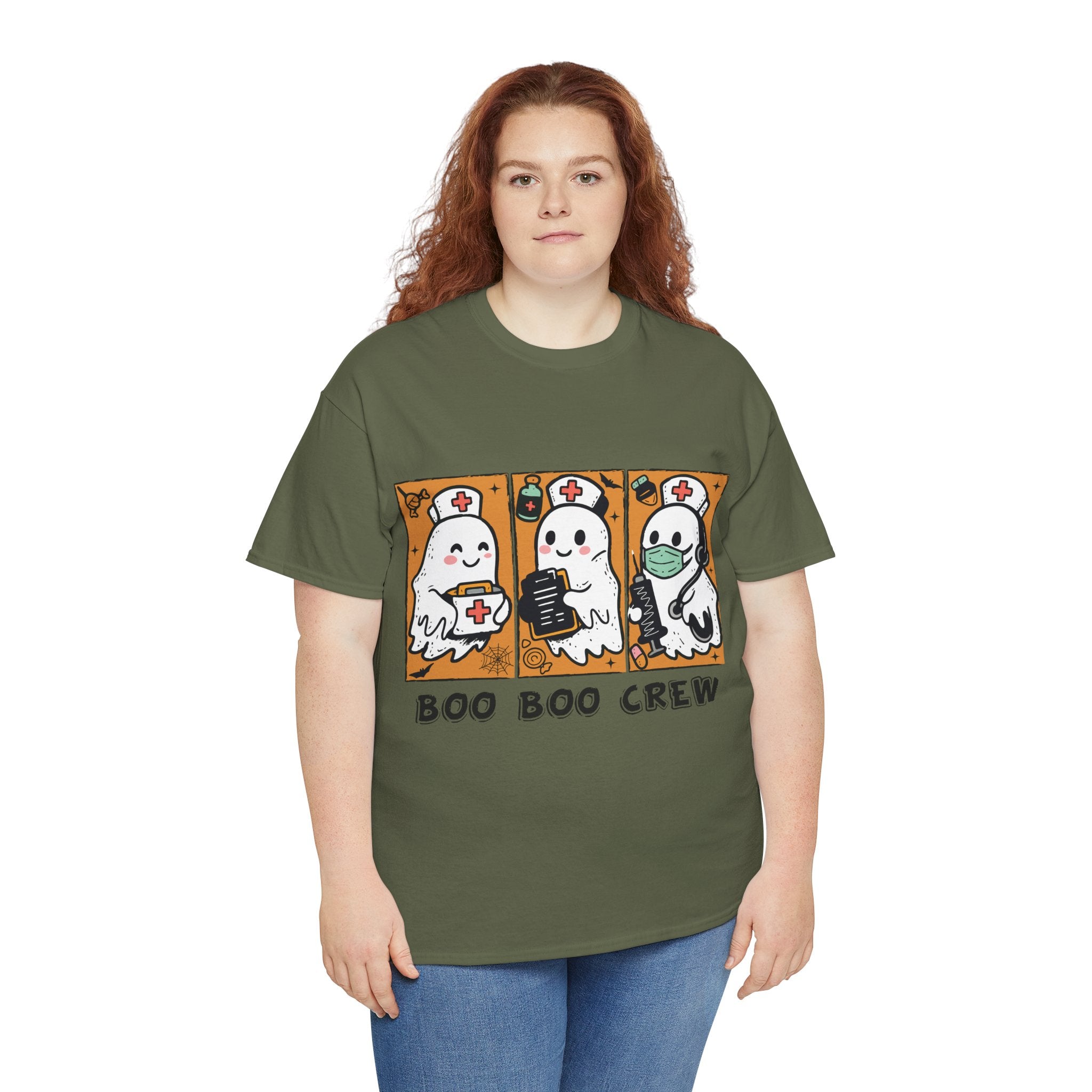 Halloween Nurse T-Shirt — Ghost Nurses Holding Medical Tools on Orange Unisec Cotton Tee