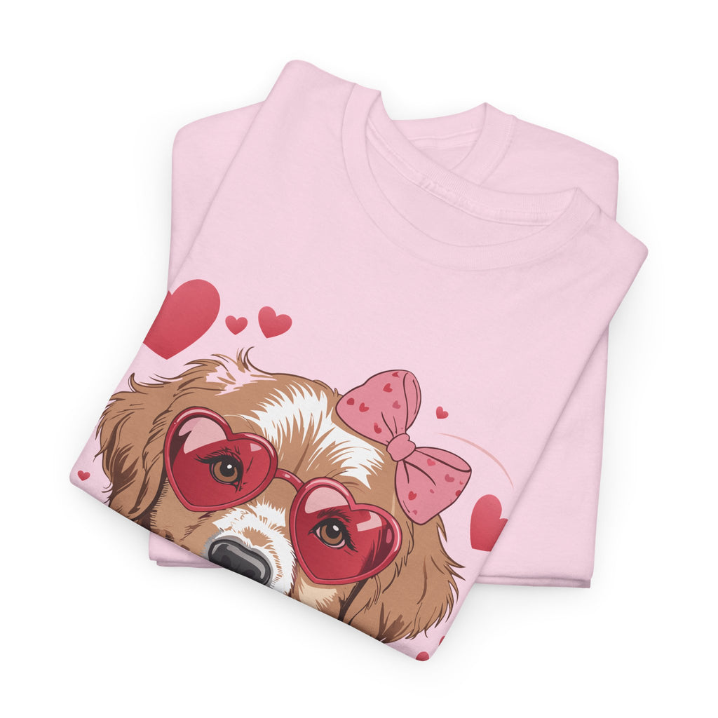 Valentine Dog T-Shirt — Cute Pup with Heart Glasses, Pink Bow & Lollipop..Unisex Cotton Tee