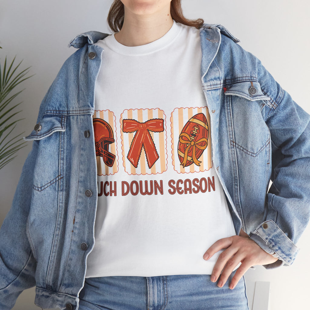 Touch Down Season Football Tee — Striped Fall Helmet & Bow Design Unisex Cotton Tee
