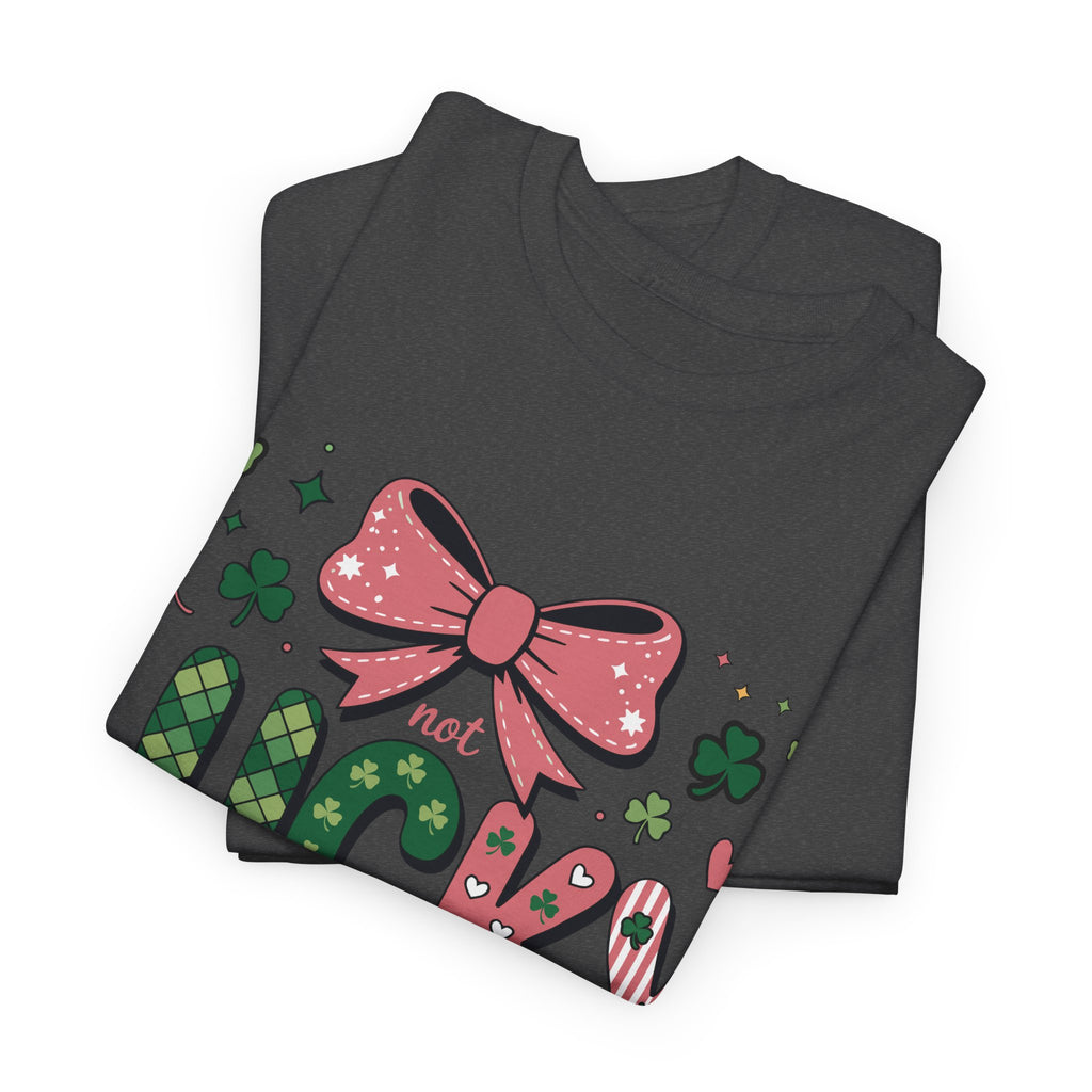 Simply Blessed Tee — “Not Lucky, Simply Blessed” with Pastel Bow, Clovers & Romans 4:7-8 Unisex Cotton Tee
