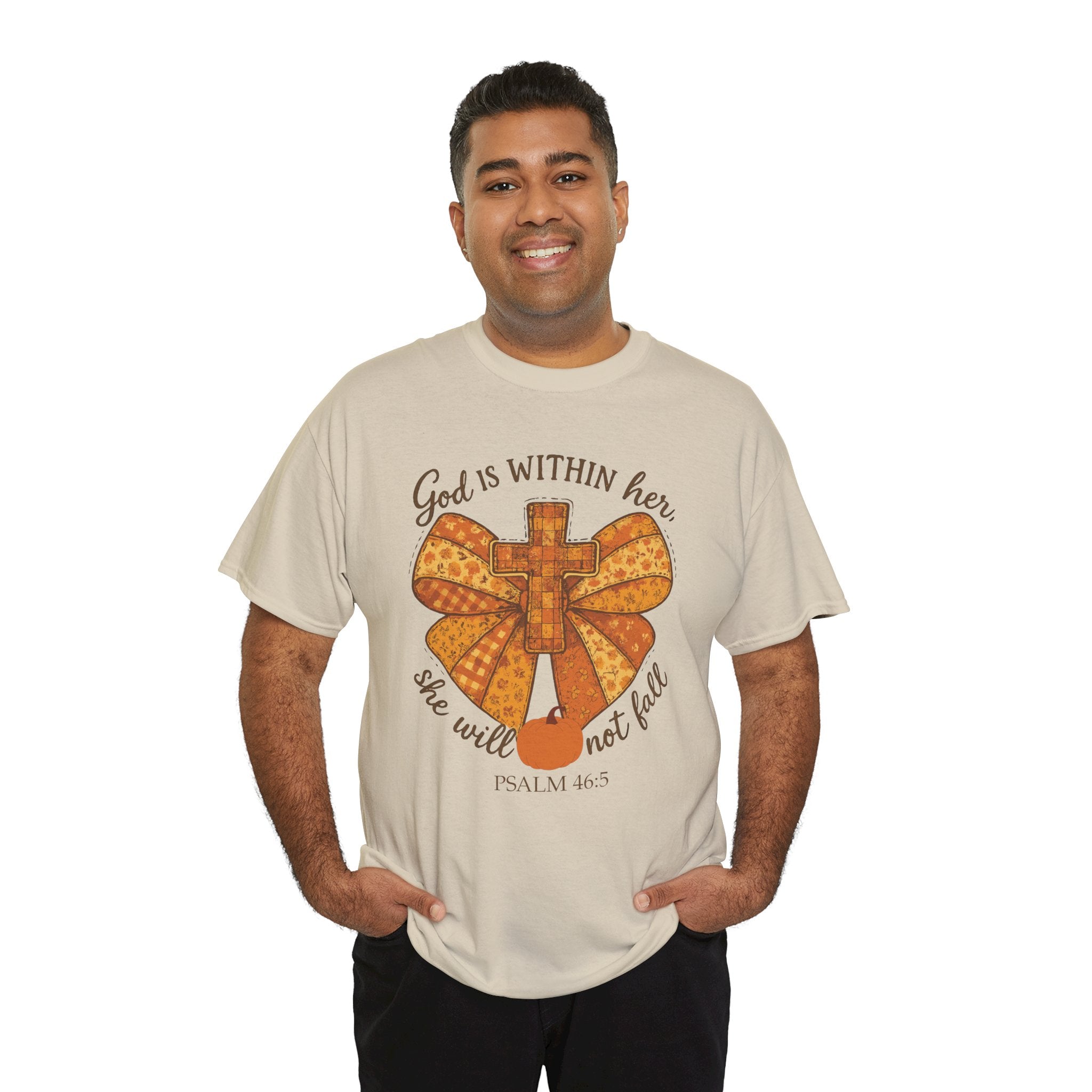 Psalm 46:5 Cross Patchwork Tee — Fall Bow Christian Unisex Cotton T-Shirt