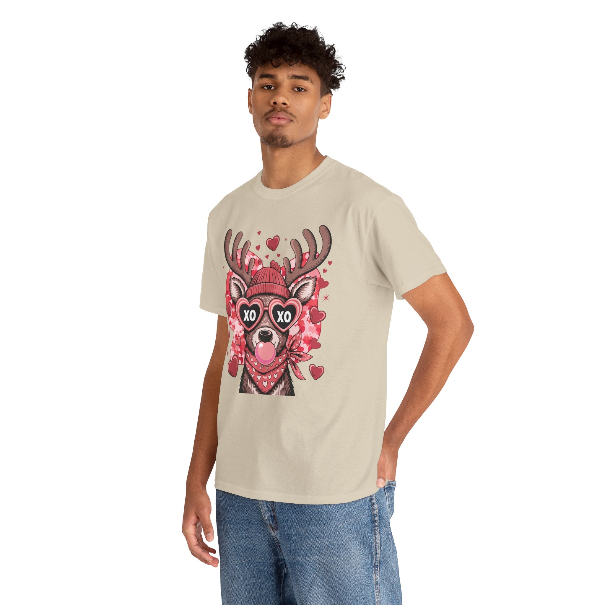 Valentine Deer Tee — Cute XO Heart Glasses, Beanie & Scarf Unisex Cotton Tshirt