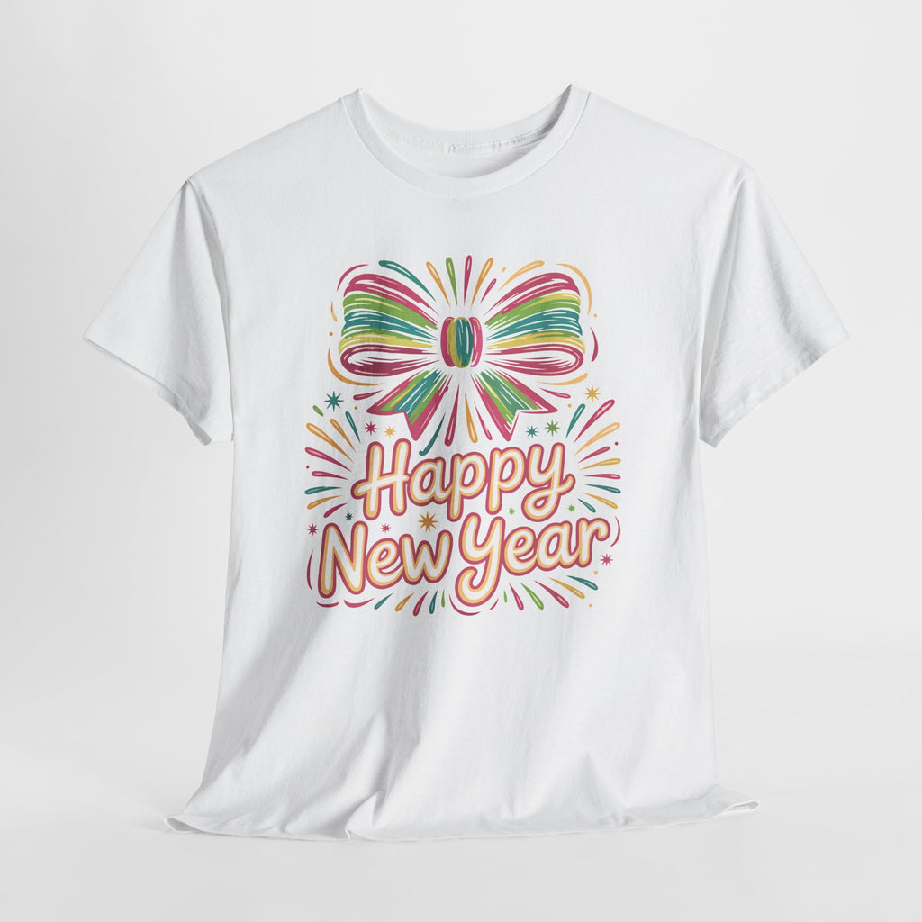 Happy New Year Pastel Tee — Rainbow Bow & Fireworks Celebration Unisex Cotton Tshirt