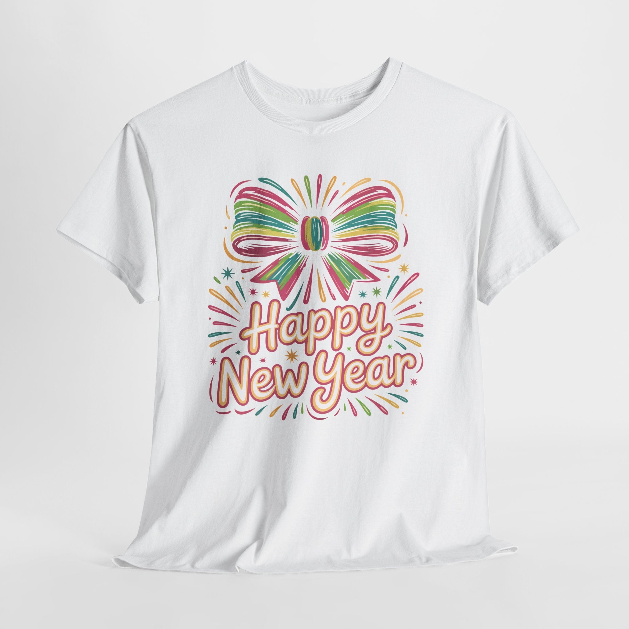Happy New Year Pastel Tee — Rainbow Bow & Fireworks Celebration Unisex Cotton Tshirt