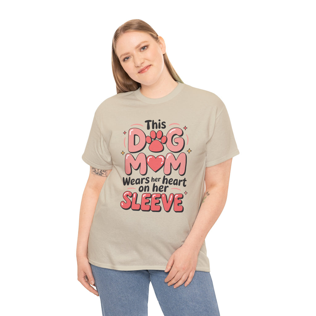 Dog Mom T-Shirt — "This Dog Mom Wears Her Heart on Her Sleeve" Paw & Heart Unisex Cotton Tee