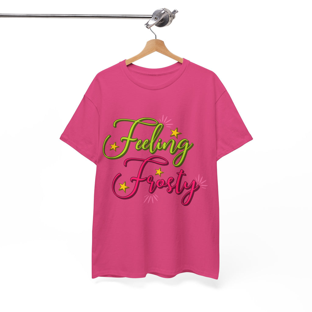 Feeling Frosty Holiday T-Shirt — Green & Pink Script Stars.Unisex Cotton Tee