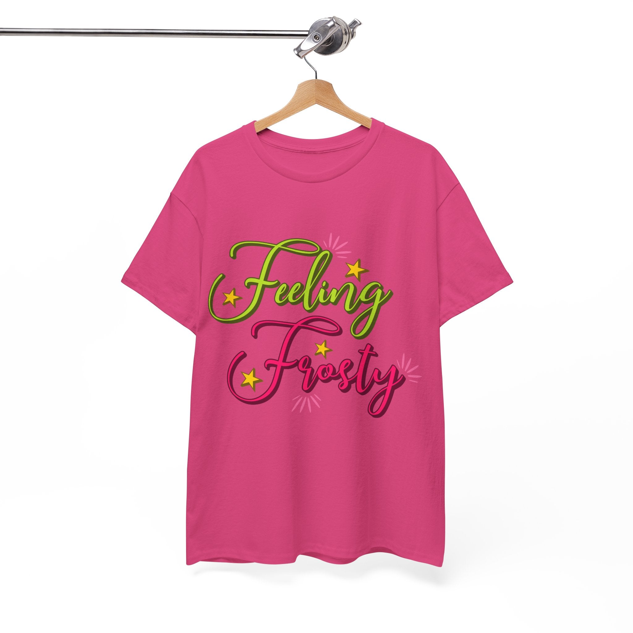 Feeling Frosty Holiday T-Shirt — Green & Pink Script Stars.Unisex Cotton Tee