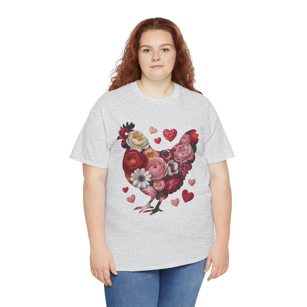 Floral Chicken Heart Tee — Red & Pink Flower Silhouette Unisex Cotton Tee