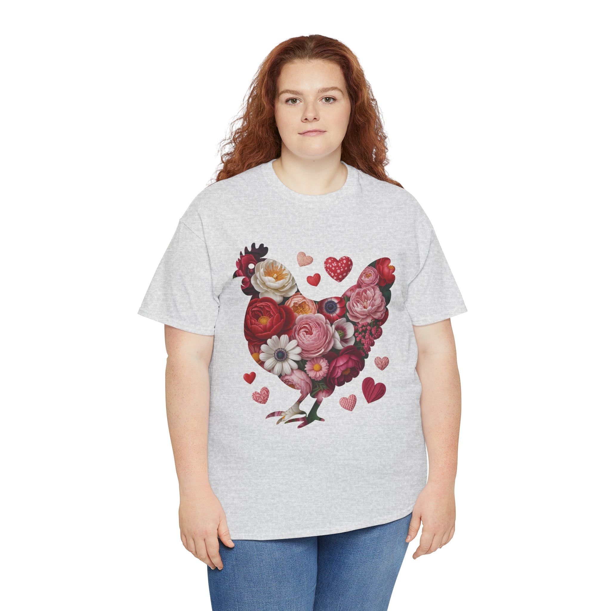 Floral Chicken Heart Tee — Red & Pink Flower Silhouette Unisex Cotton Tee