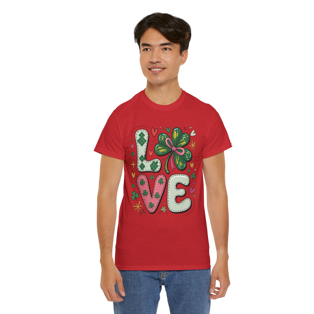 Stitched Clover 'LOVE' Tee — Heart & Patchwork St. Patrick's Unisex Cotton T-Shirt