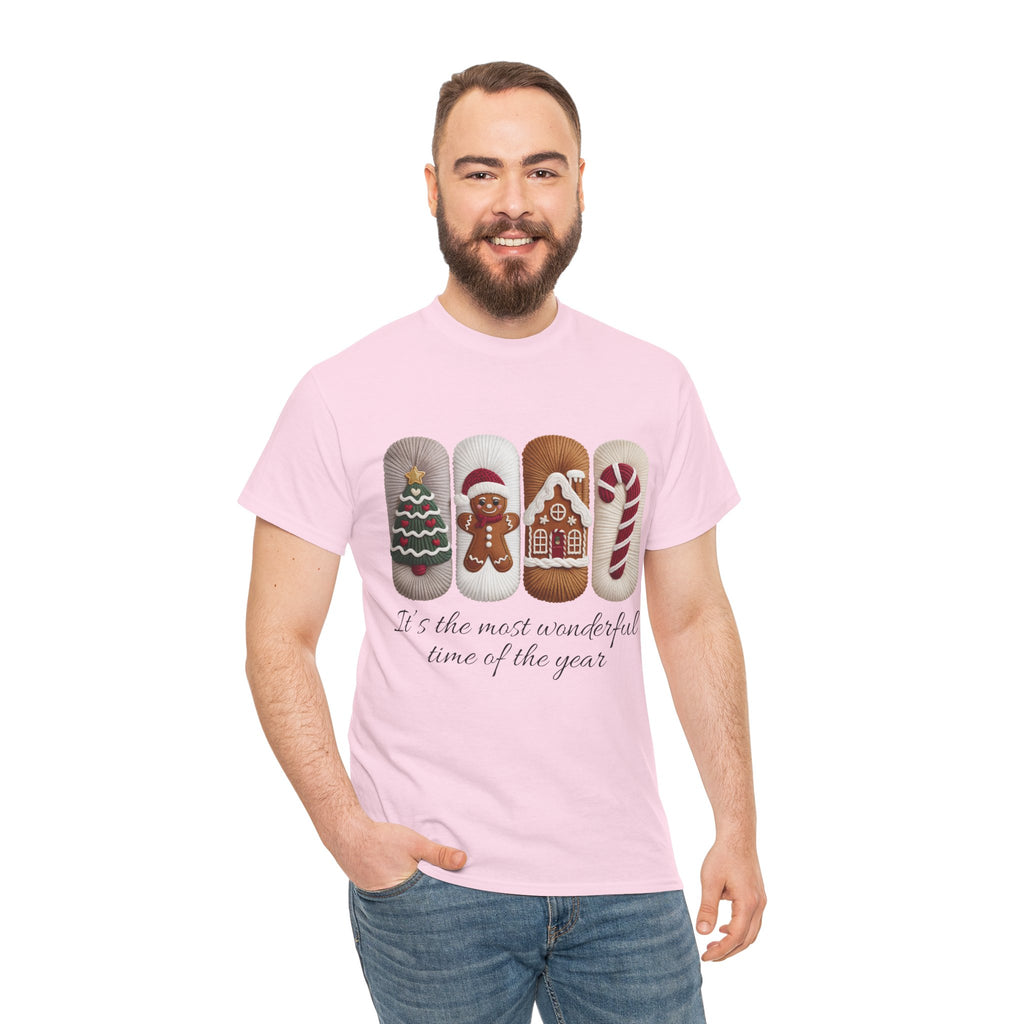 Christmas Faux-Yarn Tree Tee — Gingerbread House & Candy Cane Holiday Unisex Cotton T-Shirt