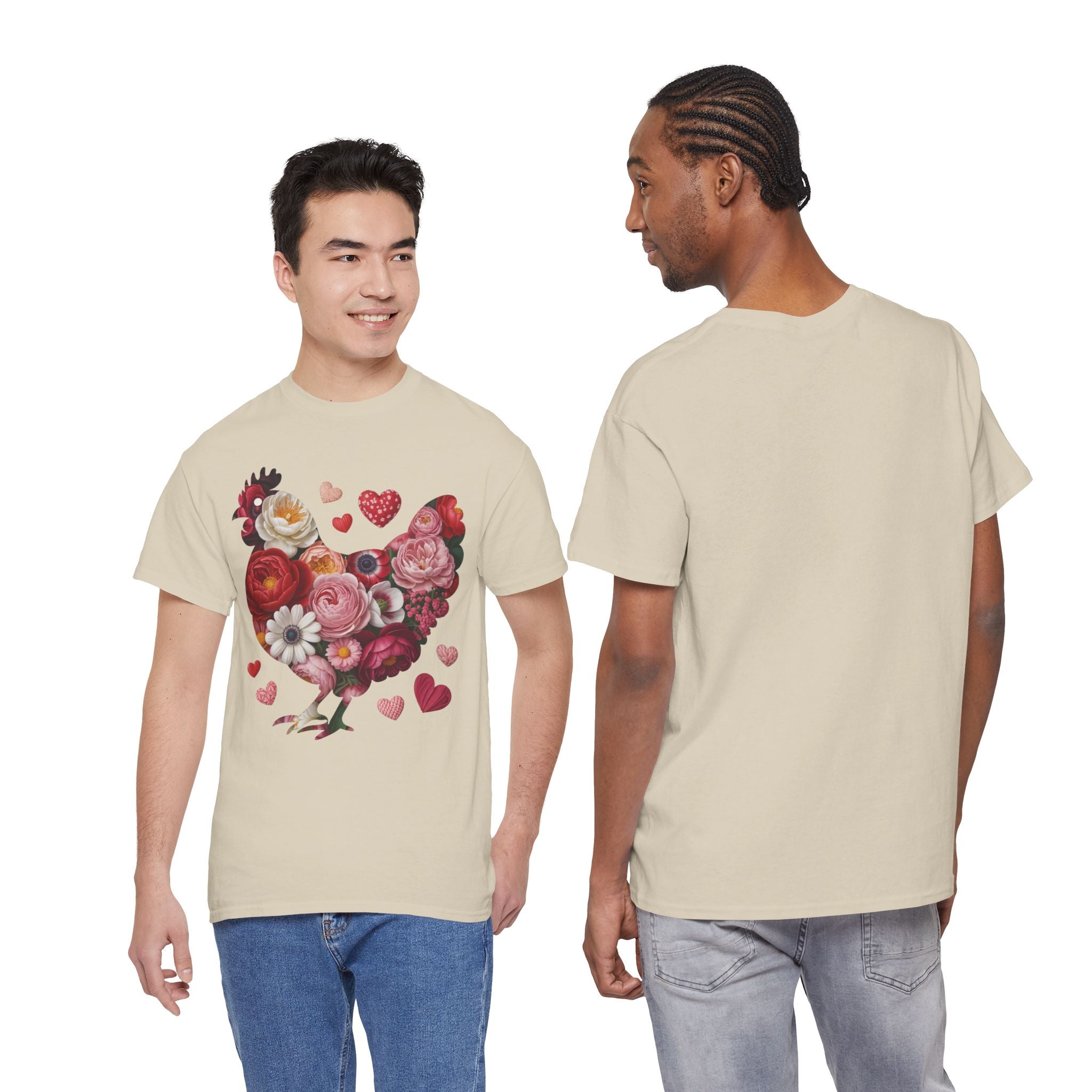 Floral Chicken Heart Tee — Red & Pink Flower Silhouette Unisex Cotton Tee