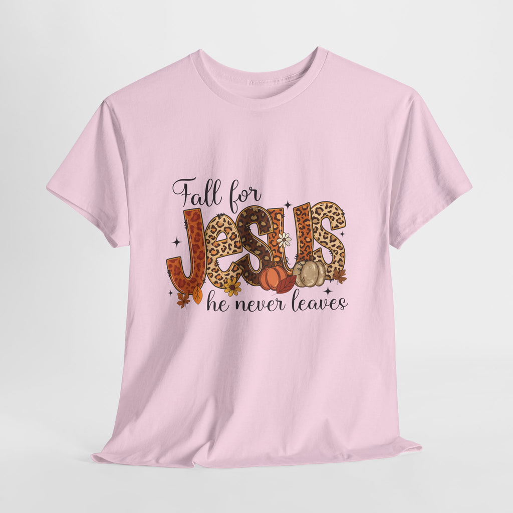 JESUS Leopard Print Fall T-Shirt — Pumpkins, Leaves & Floral Christian Unisex Cotton Tee