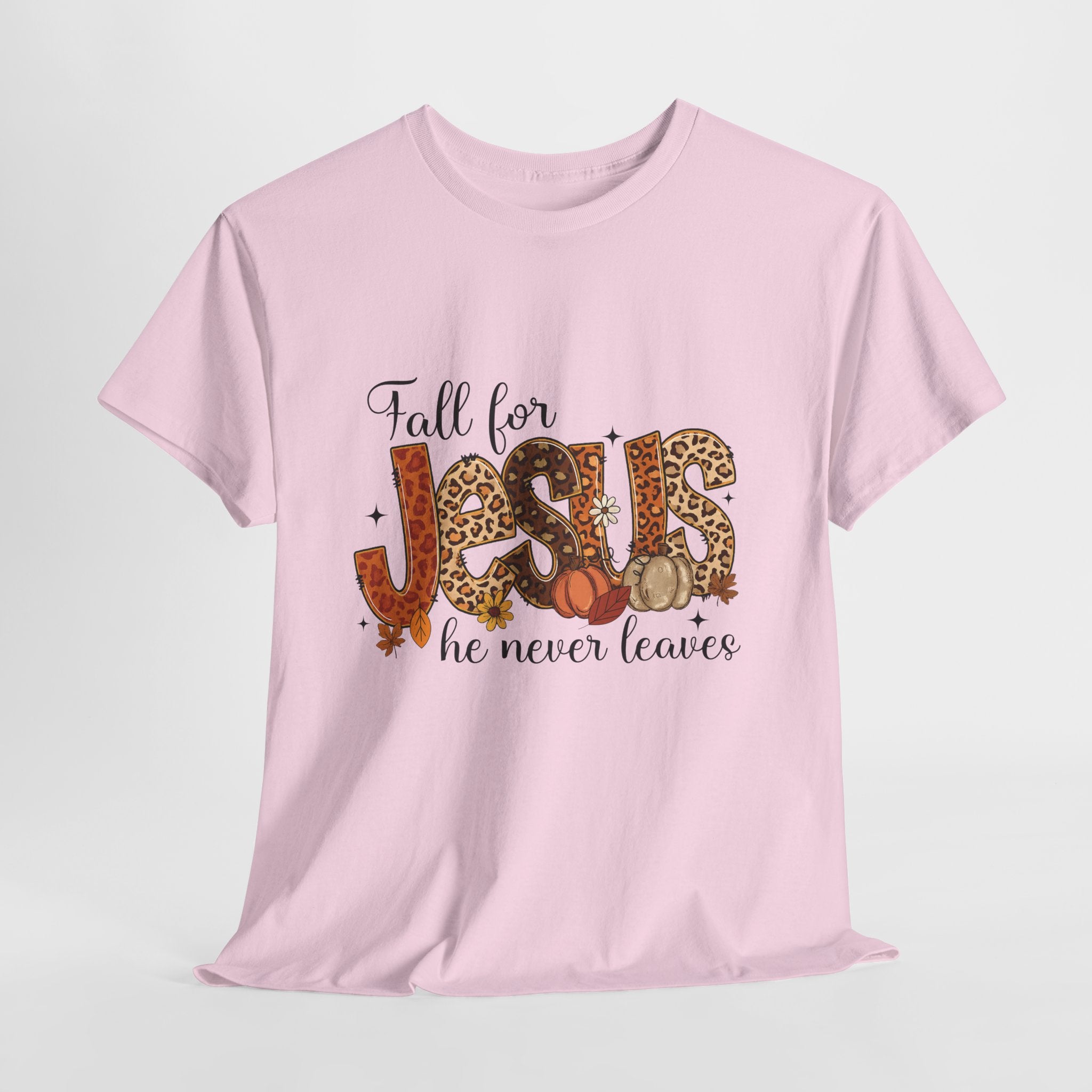 JESUS Leopard Print Fall T-Shirt — Pumpkins, Leaves & Floral Christian Unisex Cotton Tee