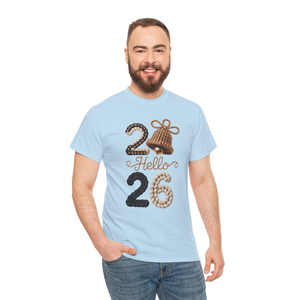 Hello 2026 Tee — Cozy Faux Yarn Braided Numbers with Woven Golden Bell..Unisex Cotton Tee