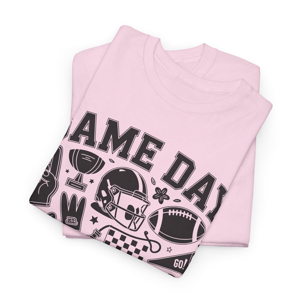 Game Day Touch Down Football T‑Shirt — Helmet & Cheer Monochrome Design Unisex Cotton Tee