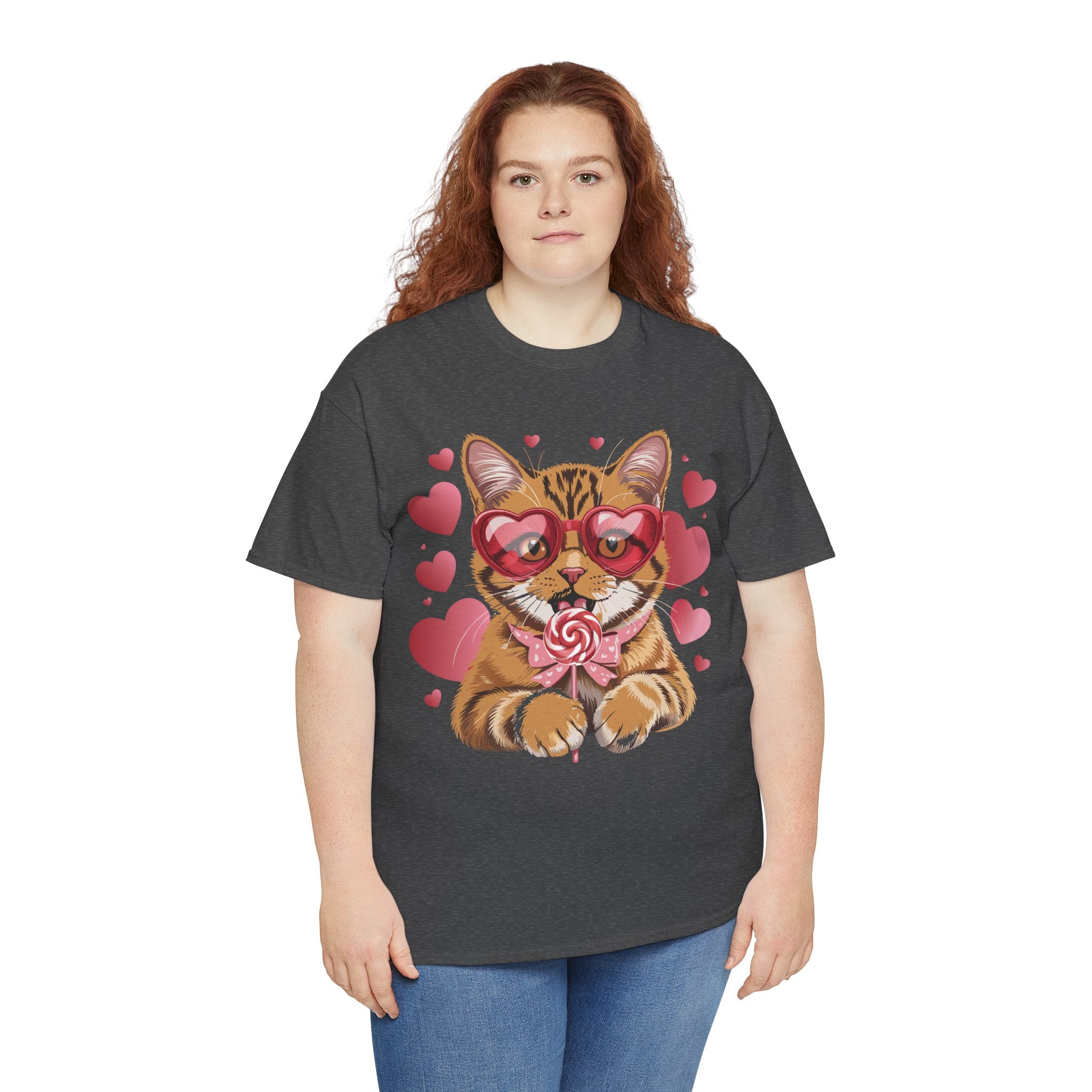 Valentine Cat Tee — Heart Glasses, Lollipop Bow Unisex Cotton Tee